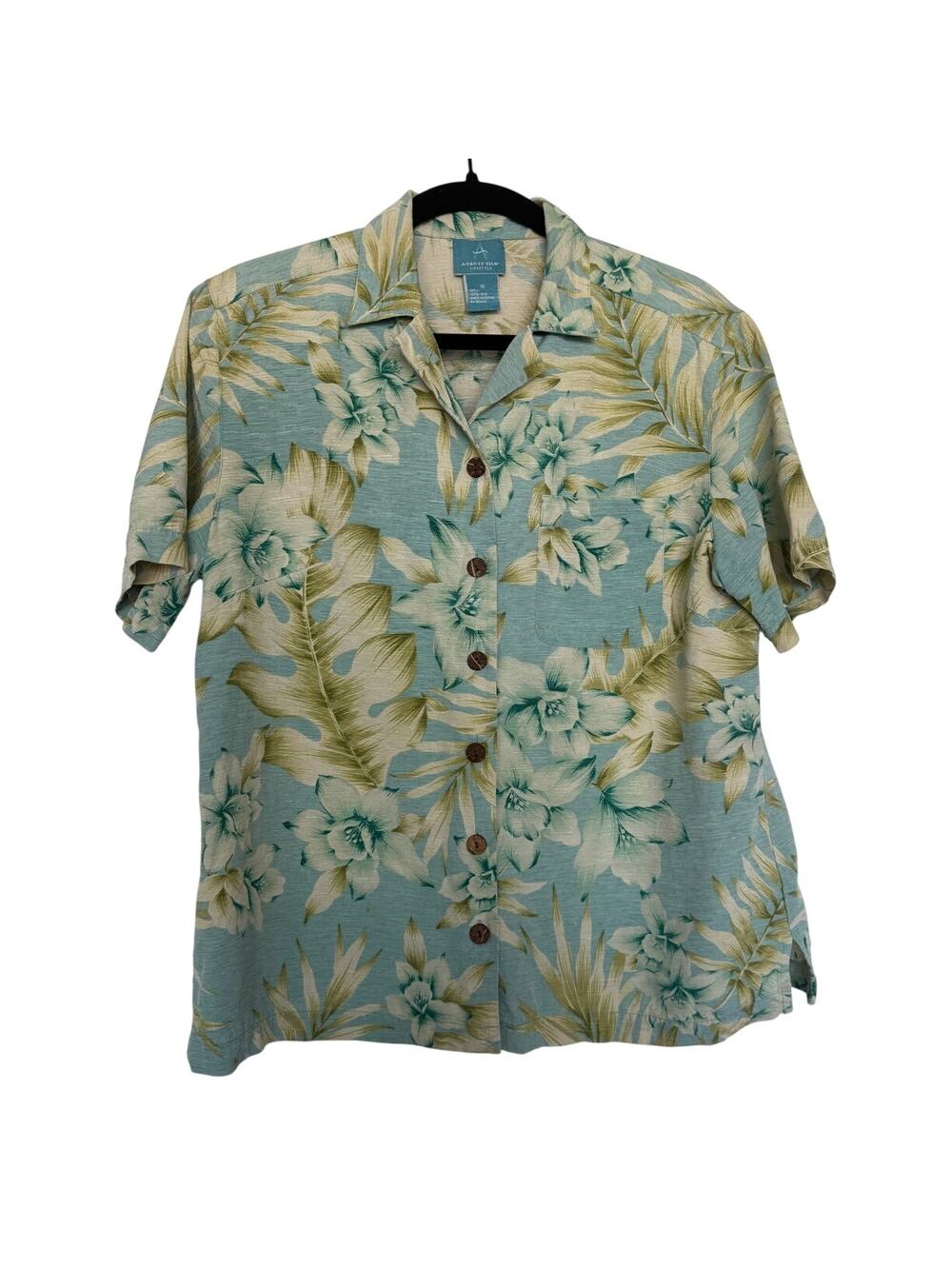 August Silk Lifestyle Size 10 Women 100% Silk Blue Floral Tropical Camp Shirt